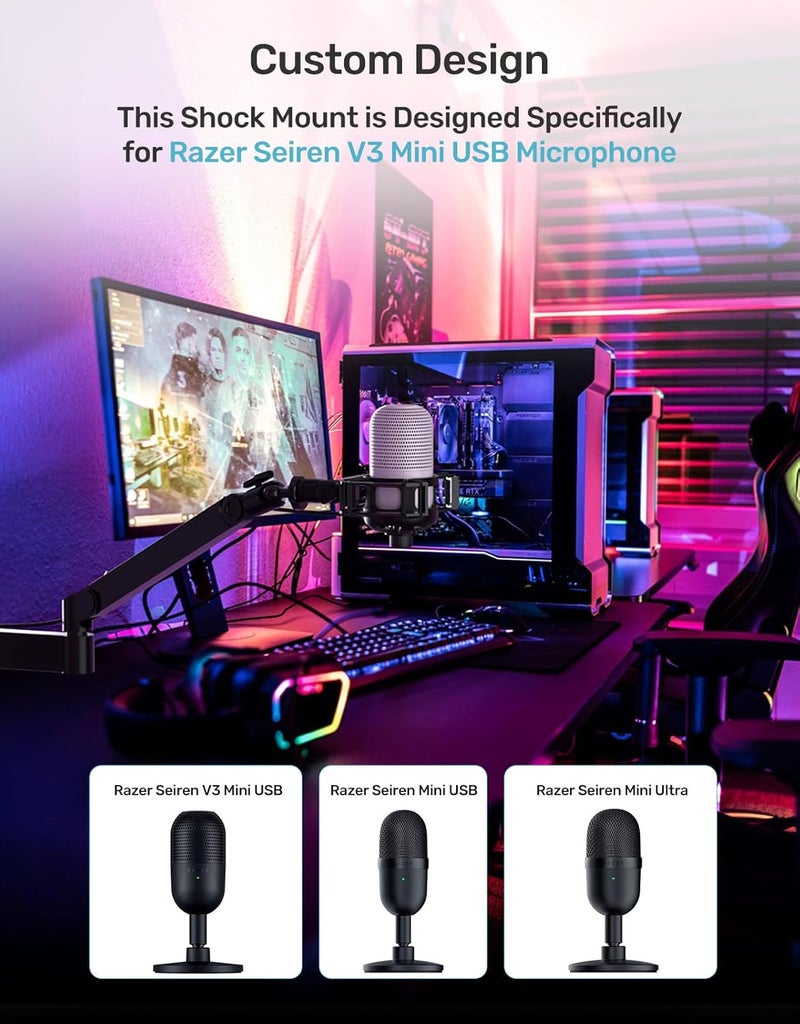 Etour Custom Built for Razer Seiren Shock Mount Anti-Vibration Suspension Elastic Shock Mount Holder Clip Mics Stand with Screw Adapter Compatible with Razer Seiren V3 Mini USB V2 Microphone - Image 3